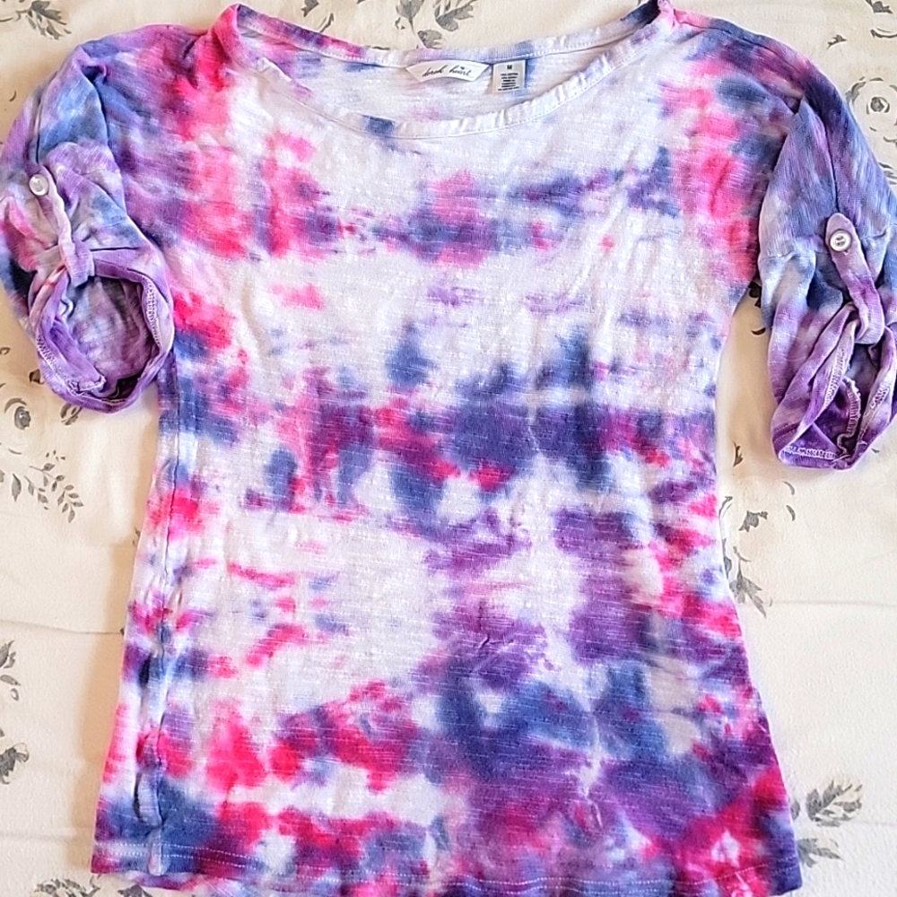 3/4 Sleeve Neon Tie Dye Tee Shirt Tunic Tab Sleeve Size M